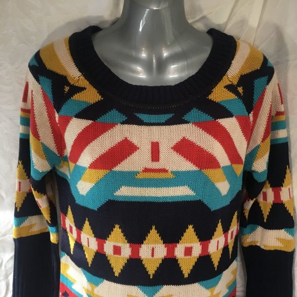 Vintage Jessica Simpson Long Sweater Size XS Tribal Aztec Navy Mustard Y2K - Picture 3 of 14